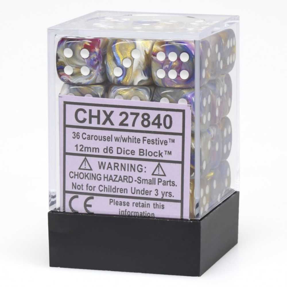 D6 Cube 12mm Festive Carousel/Wh (36)