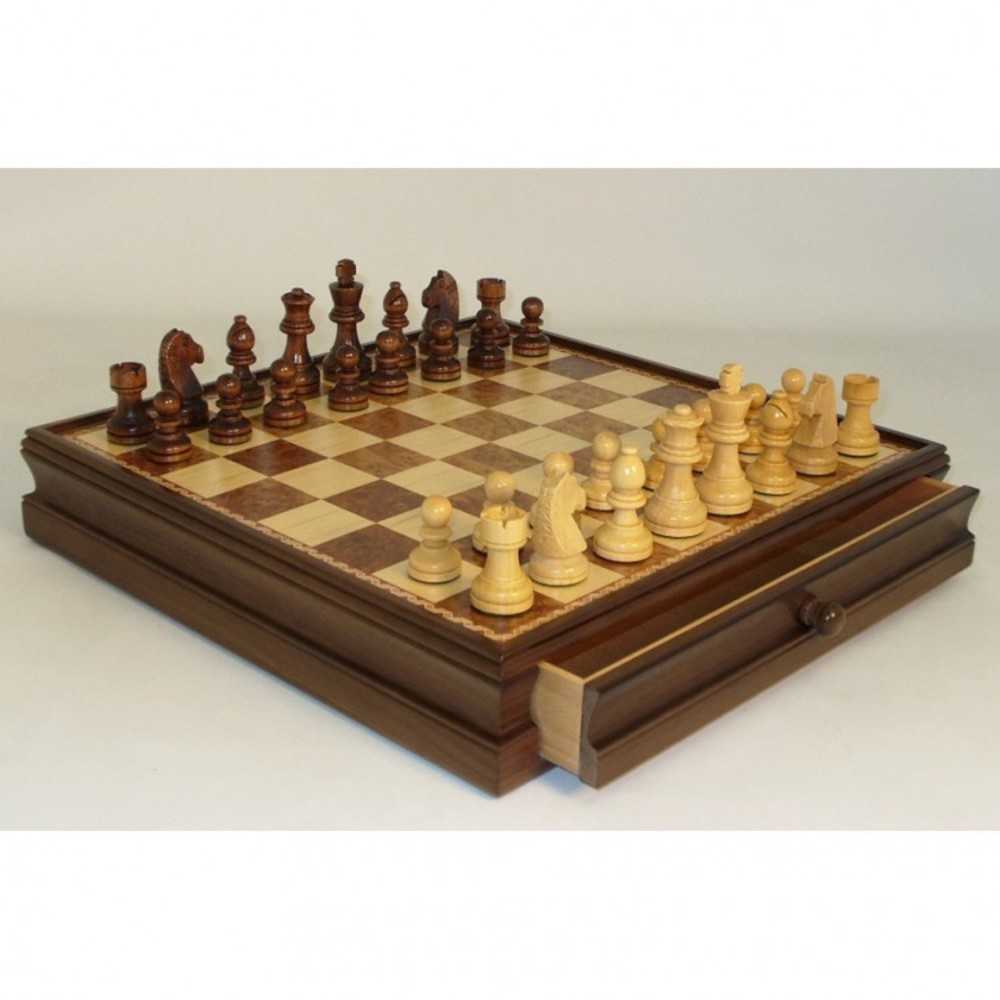15in Walnut Maple Wood Chess Set W.Drawer