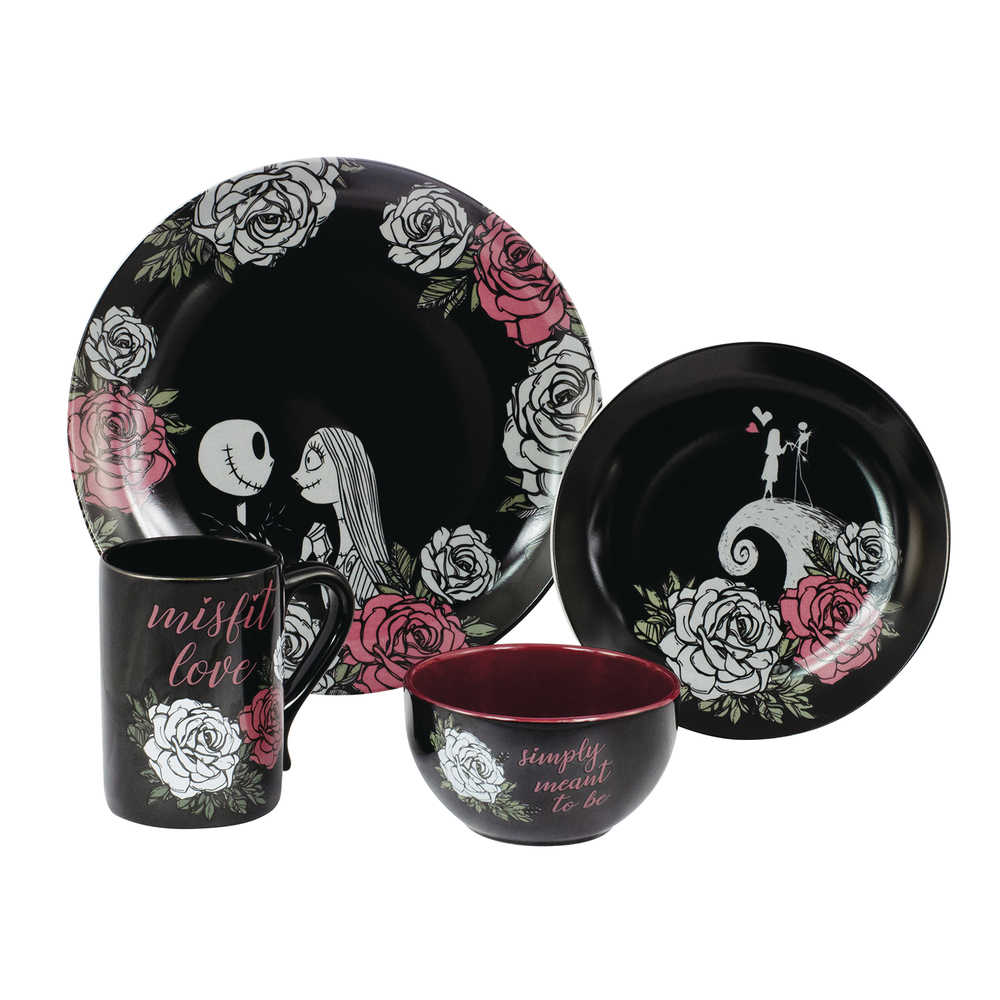 Nbx Jack & Sally Black Rose Porcelain Dinnerware 16 Pc Set